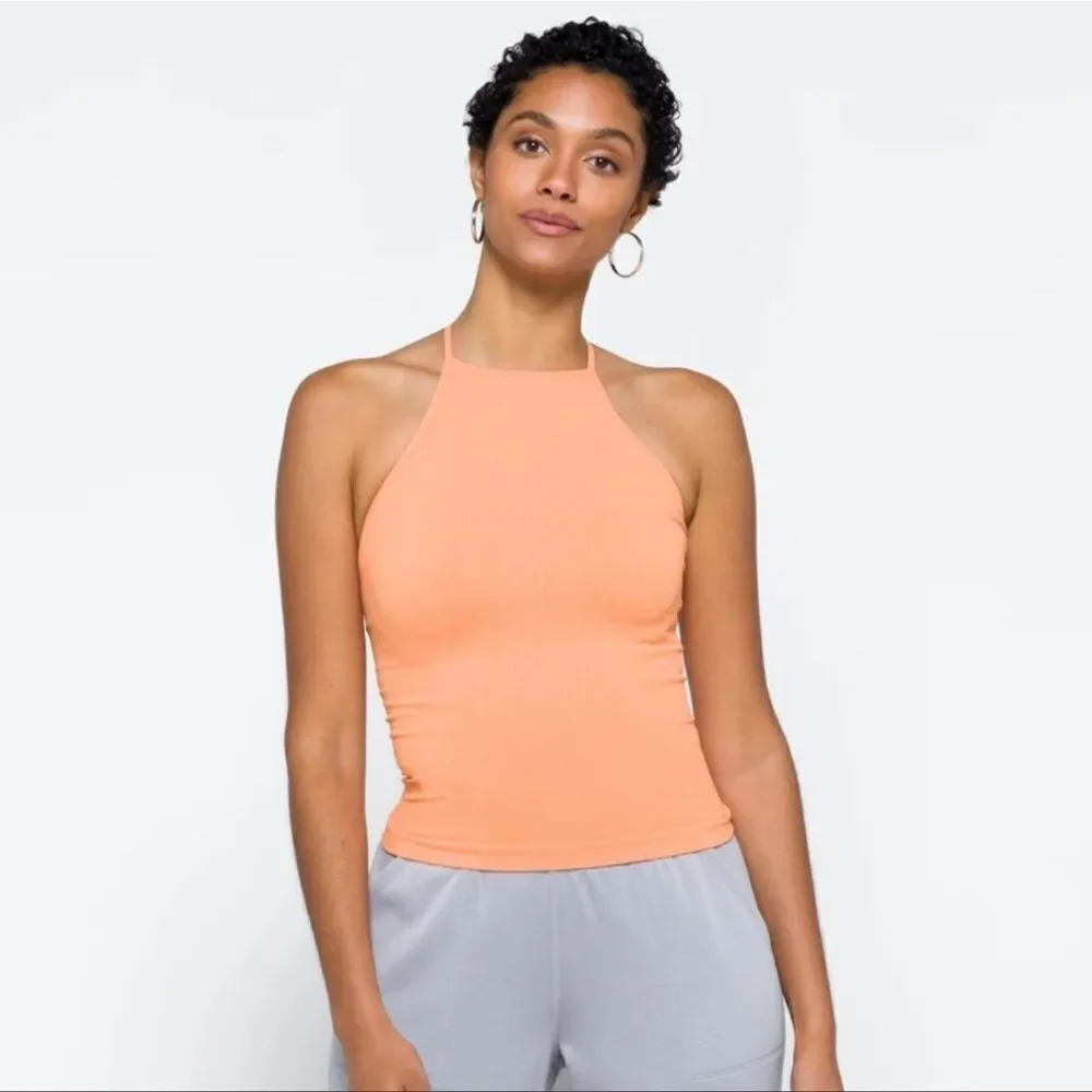 Free People Mmkay Seamless Tank Mango Ribbed High Neck Crisscross M/L *